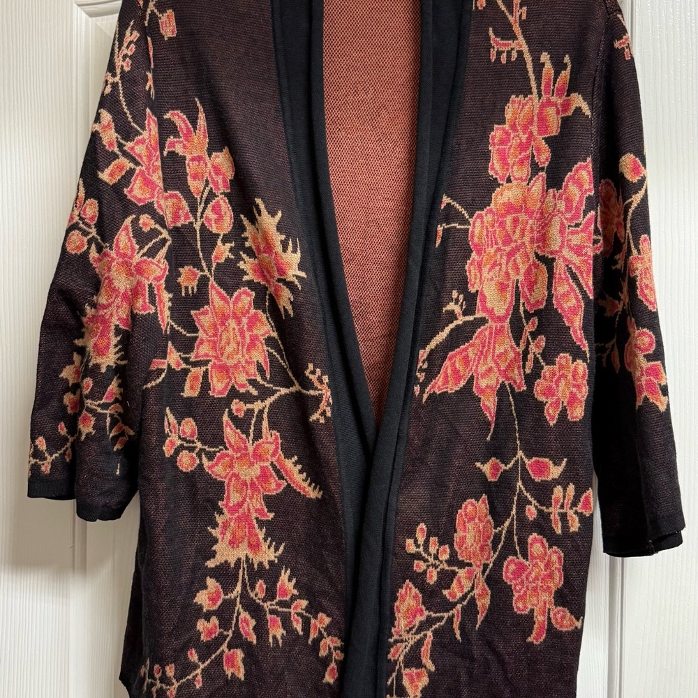 Peruvian Connection Brown and Pink Floral Cardigan
